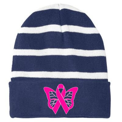 Butterfly Ribbon Breast Cancer Striped Beanie with Solid Band