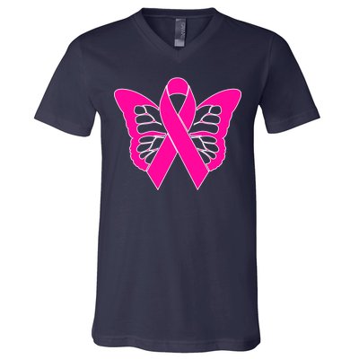 Butterfly Ribbon Breast Cancer V-Neck T-Shirt