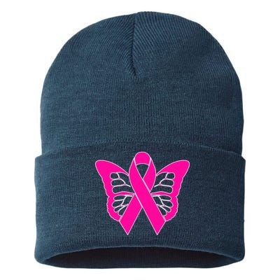 Butterfly Ribbon Breast Cancer Sustainable Knit Beanie