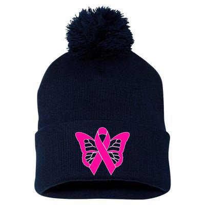 Butterfly Ribbon Breast Cancer Pom Pom 12in Knit Beanie