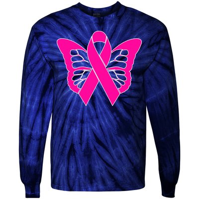 Butterfly Ribbon Breast Cancer Tie-Dye Long Sleeve Shirt