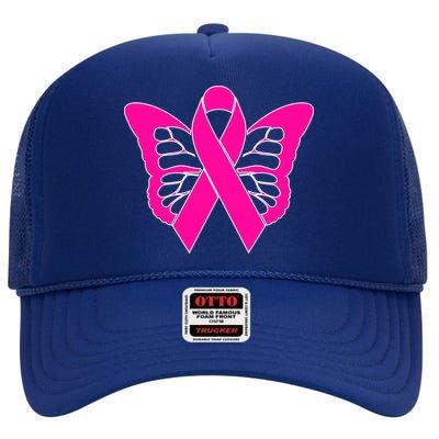 Butterfly Ribbon Breast Cancer High Crown Mesh Back Trucker Hat