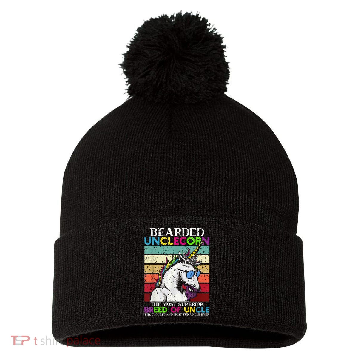 Bearded Unclecorn Uncle Unicorn  Funny Pom Pom 12in Knit Beanie