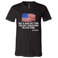 Buy A Man Eat Fish Joe Biden USA American Flag V-Neck T-Shirt