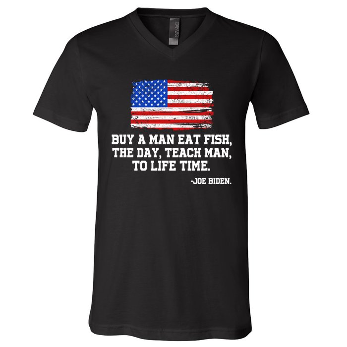 Buy A Man Eat Fish Joe Biden USA American Flag V-Neck T-Shirt