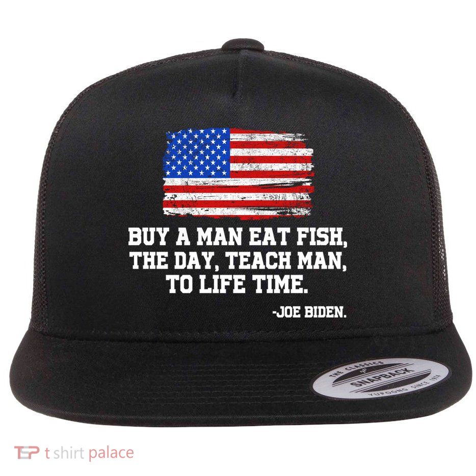 Buy A Man Eat Fish Joe Biden USA American Flag Flatbill Hat