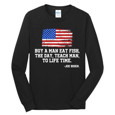 Buy A Man Eat Fish Joe Biden USA American Flag Tall Long Sleeve T-Shirt