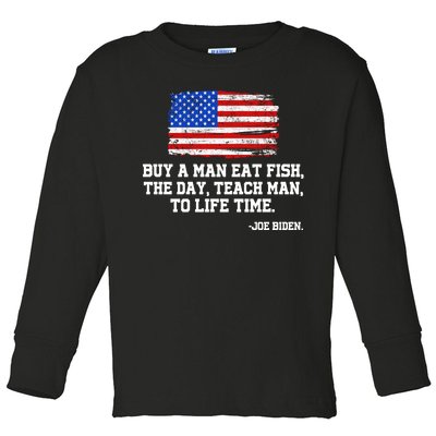 Buy A Man Eat Fish Joe Biden USA American Flag Toddler Long Sleeve Shirt