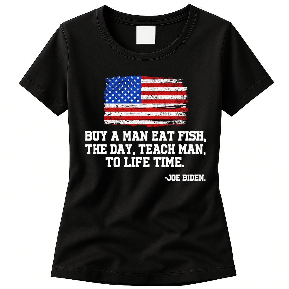 Buy A Man Eat Fish Joe Biden USA American Flag Womens T-Shirt
