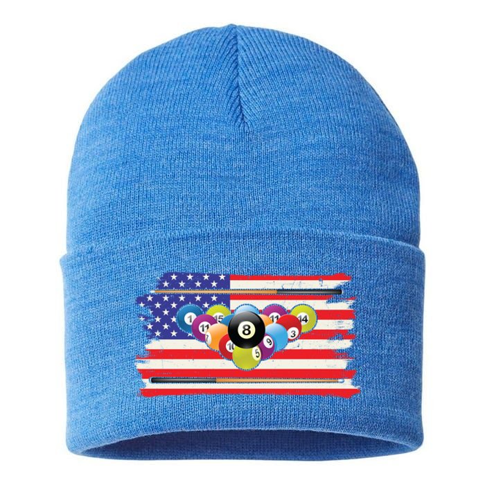 Billiards Vintage American Flag Cue Pool Billiard Player Gift Sustainable Knit Beanie