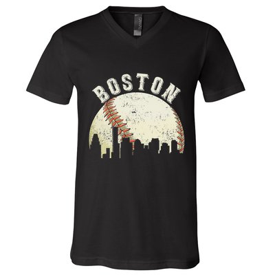 Boston Vintage Baseball Distressed Retro V-Neck T-Shirt