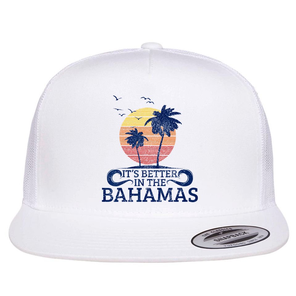 Bahamas Vintage Beach Palm Trees Sunset Vacation Souvenir Flat Bill Trucker Hat