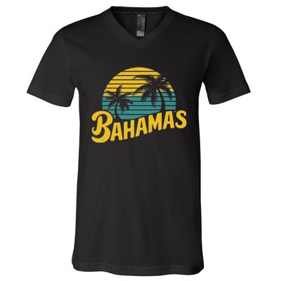 Bahamas Vacation Beach Palm Retro Tropical V-Neck T-Shirt