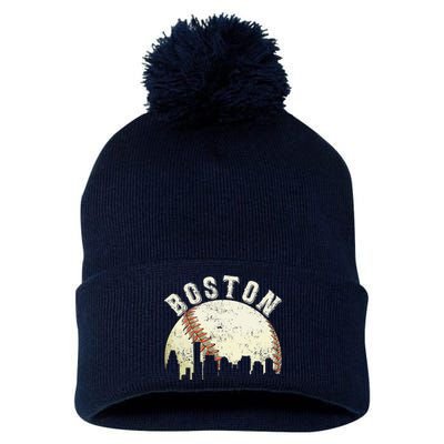 Boston Vintage Baseball Distressed Retro Pom Pom 12in Knit Beanie