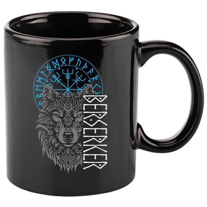 Berserker & Viking Compass Nordic Wolf Design  11oz C Handle Ceramic Mug