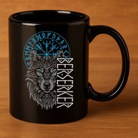 Berserker & Viking Compass Nordic Wolf Design  11oz C Handle Ceramic Mug