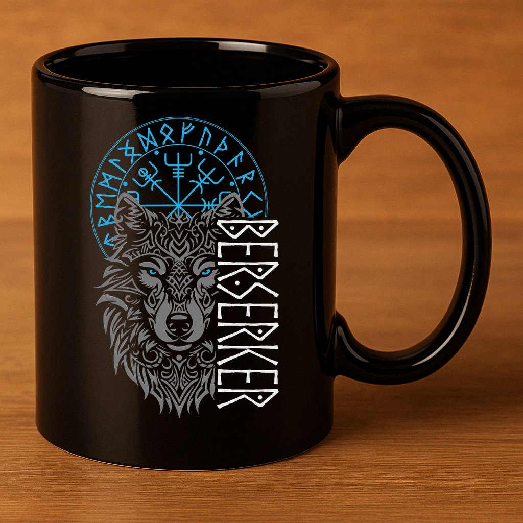 Berserker & Viking Compass Nordic Wolf Design  11oz C Handle Ceramic Mug
