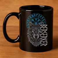 Berserker & Viking Compass Nordic Wolf Design  11oz C Handle Ceramic Mug