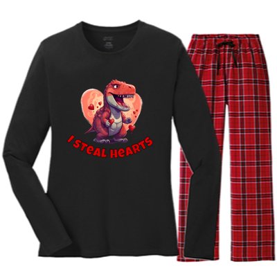 Boy Valentines Day Dino | I Steal Hearts Women's Long Sleeve Flannel Pajama Set 