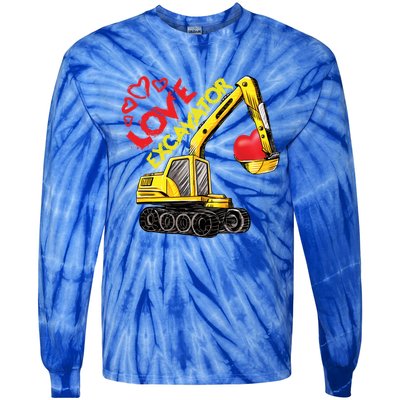 Boy Valentines Day Gift Love Construction Excavator Cool Gift Tie-Dye Long Sleeve Shirt