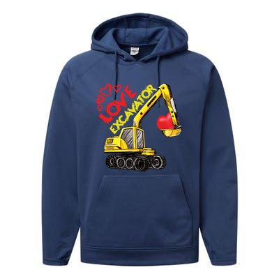 Boy Valentines Day Gift Love Construction Excavator Cool Gift Performance Fleece Hoodie