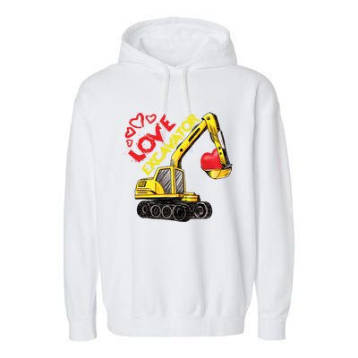 Boy Valentines Day Gift Love Construction Excavator Cool Gift Garment-Dyed Fleece Hoodie