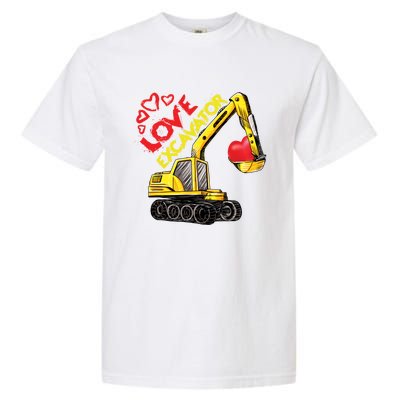 Boy Valentines Day Gift Love Construction Excavator Cool Gift Garment-Dyed Heavyweight T-Shirt