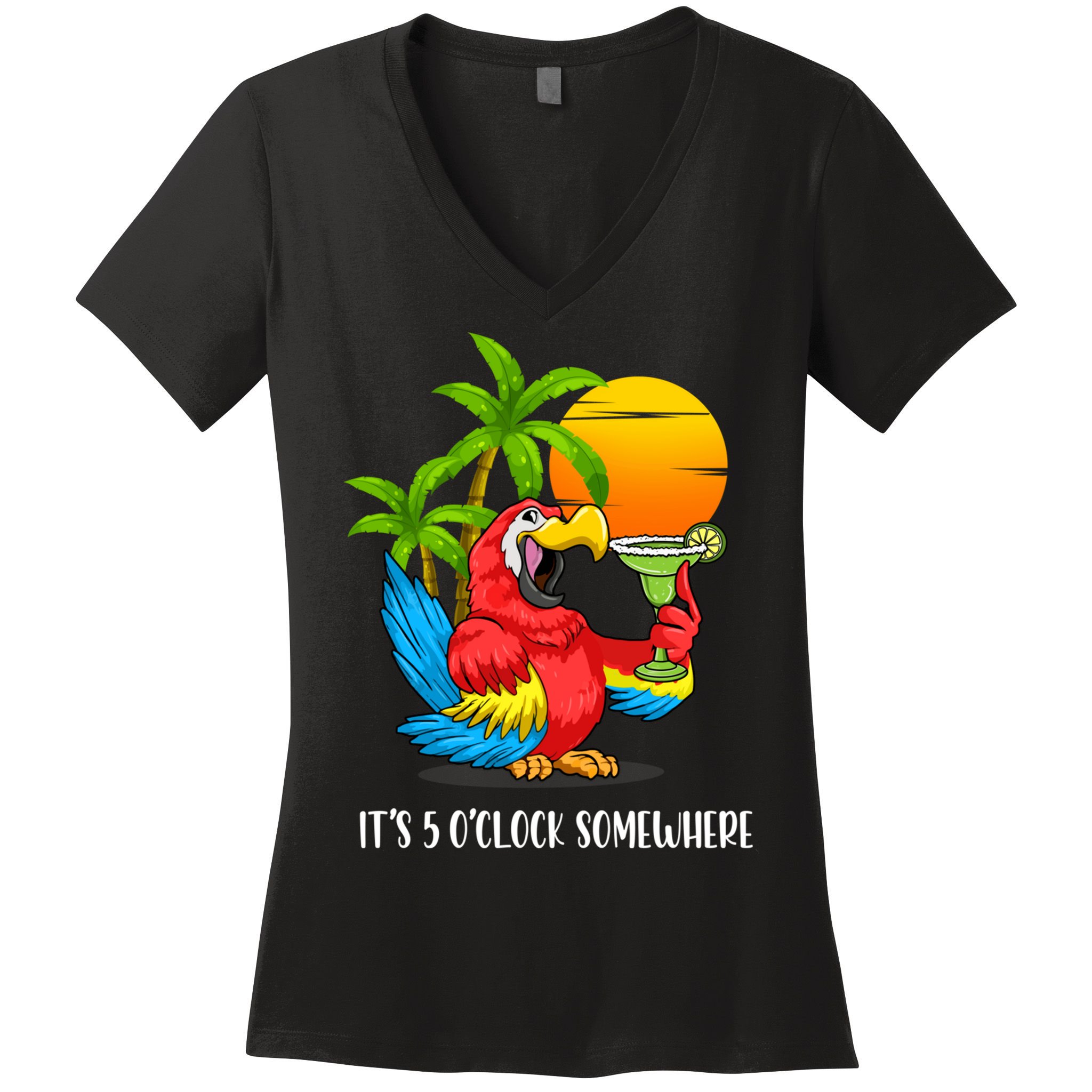 Beach Vacation Drinking Parrot ItS 5 OClock Somewhere Women's V-Neck T-Shirt