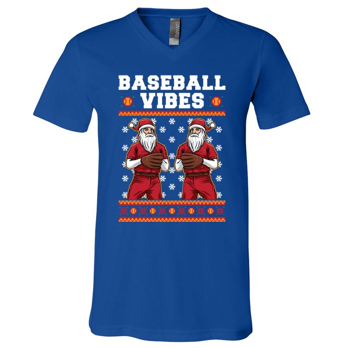 Baseball Vibes Funny Santa Claus Baseball Player Christmas Cute Gift V-Neck T-Shirt