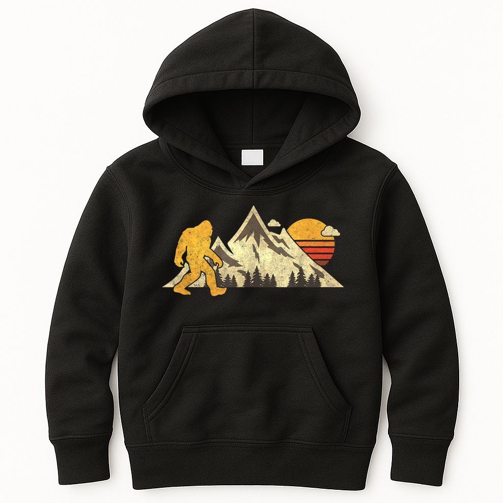 Bigfoot Vintage Mountain Sun Sasquatch Camping Camper Kids Hoodie