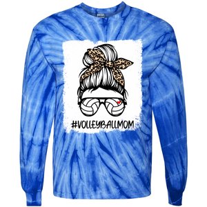 Bleached Volleyball Mom Life Leopard Messy Bun Mom Game Day Cute Gift Tie-Dye Long Sleeve Shirt