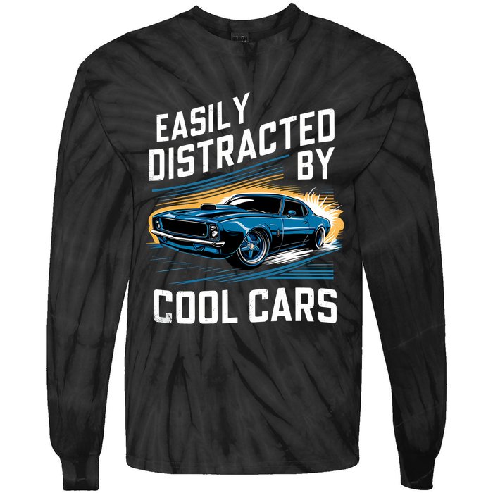 Boy Vintage Muscle Car Easily Distracted By Cool Cars Tie-Dye Long Sleeve Shirt