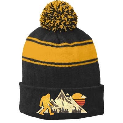 Bigfoot Vintage Mountain Sun Sasquatch Camping Hiking Stripe Pom Pom Beanie