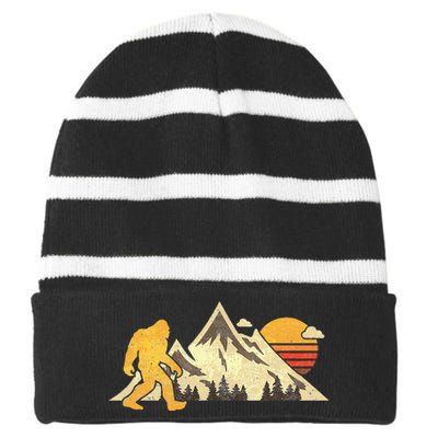 Bigfoot Vintage Mountain Sun Sasquatch Camping Hiking Striped Beanie with Solid Band