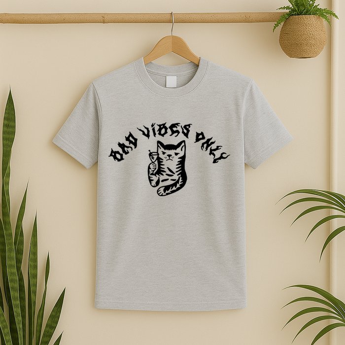 Bad Vibes Only Cat Drinking Rock Metal Style T-Shirt