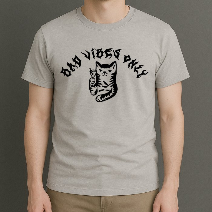 Bad Vibes Only Cat Drinking Rock Metal Style T-Shirt