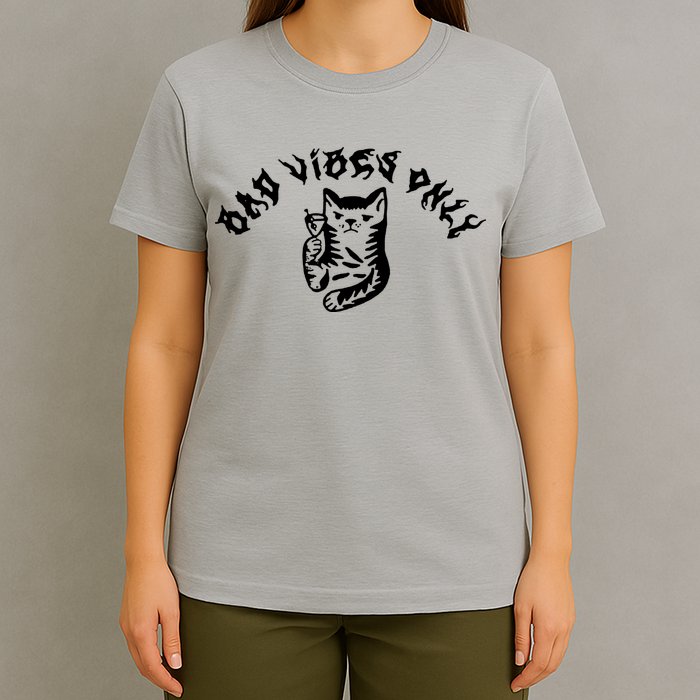 Bad Vibes Only Cat Drinking Rock Metal Style T-Shirt