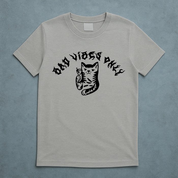 Bad Vibes Only Cat Drinking Rock Metal Style T-Shirt