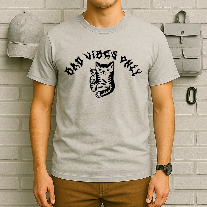 Bad Vibes Only Cat Drinking Rock Metal Style T-Shirt