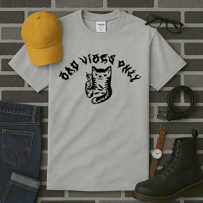 Bad Vibes Only Cat Drinking Rock Metal Style Tall T-Shirt