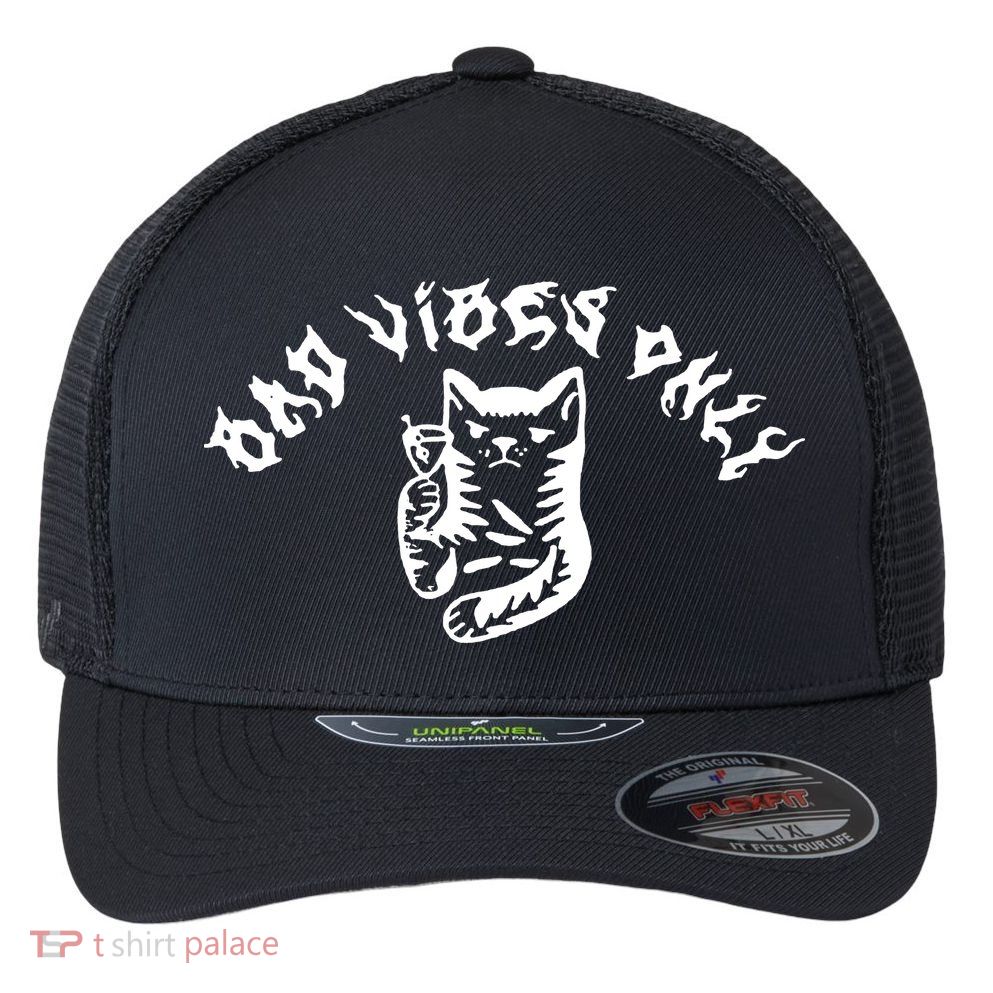 Bad Vibes Only Cat Drinking Rock Metal Style Flexfit Unipanel Trucker Cap