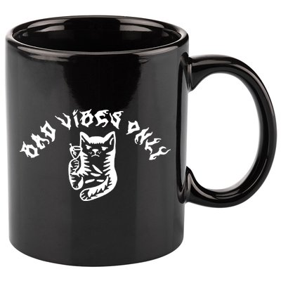 Bad Vibes Only Cat Drinking Rock Metal Style 11oz C Handle Ceramic Mug