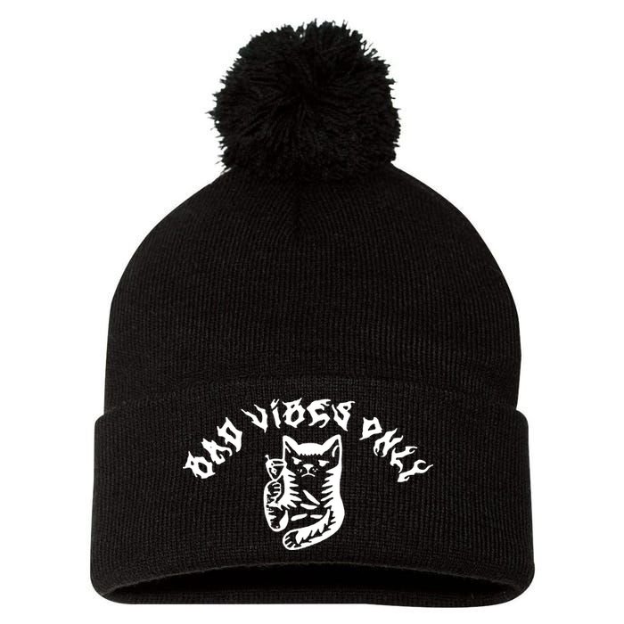 Bad Vibes Only Cat Drinking Rock Metal Style Pom Pom 12in Knit Beanie