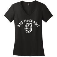 Bad Vibes Only Cat Drinking Rock Metal Style Women's V-Neck T-Shirt