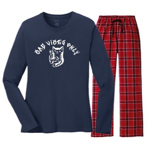 Bad Vibes Only Cat Drinking Rock Metal Style Women's Long Sleeve Flannel Pajama Set 