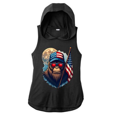 Bigfoot Veteran Patriotic Us Flag Ladies PosiCharge Tri-Blend Wicking Draft Hoodie Tank