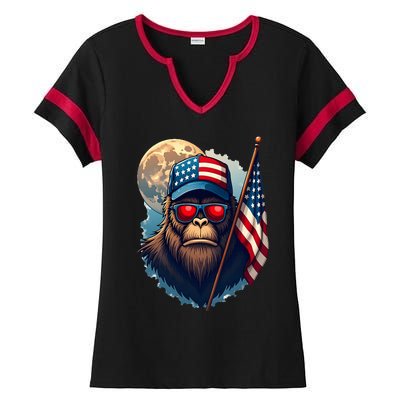 Bigfoot Veteran Patriotic Us Flag Ladies Halftime Notch Neck Tee