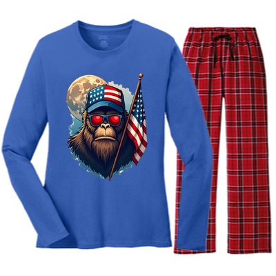 Bigfoot Veteran Patriotic Us Flag Women's Long Sleeve Flannel Pajama Set 