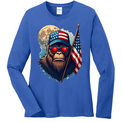 Bigfoot Veteran Patriotic Us Flag Ladies Long Sleeve Shirt