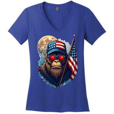 Bigfoot Veteran Patriotic Us Flag Women's V-Neck T-Shirt